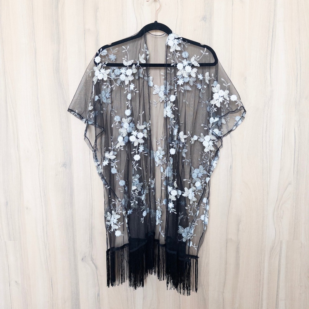 Women Embroidered Sheer Kimono Duster OS Black Floral Mesh Fringe Boho Festival - Picture 1 of 7